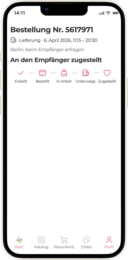 Bestellstatus-Bildschirm in der MyGlobalFlowers-App: an die empfangende Person geliefert