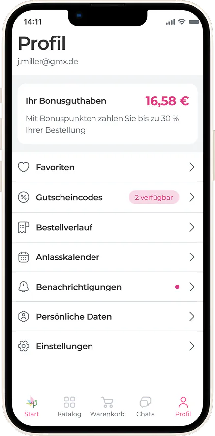 Profil mit dem Bonusguthaben in der MyGlobalFlowers-App